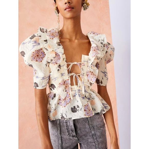 NWOT Ulla Johnson Puff-Sleeve Ruffle Peplum Silk-Blend Fannie Floral Top - Picture 1 of 7